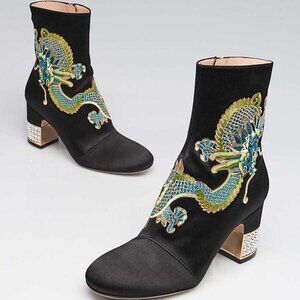 Gucci Black Satin Candy Embroidered Dragon Ankle Boots Size 4.5/35